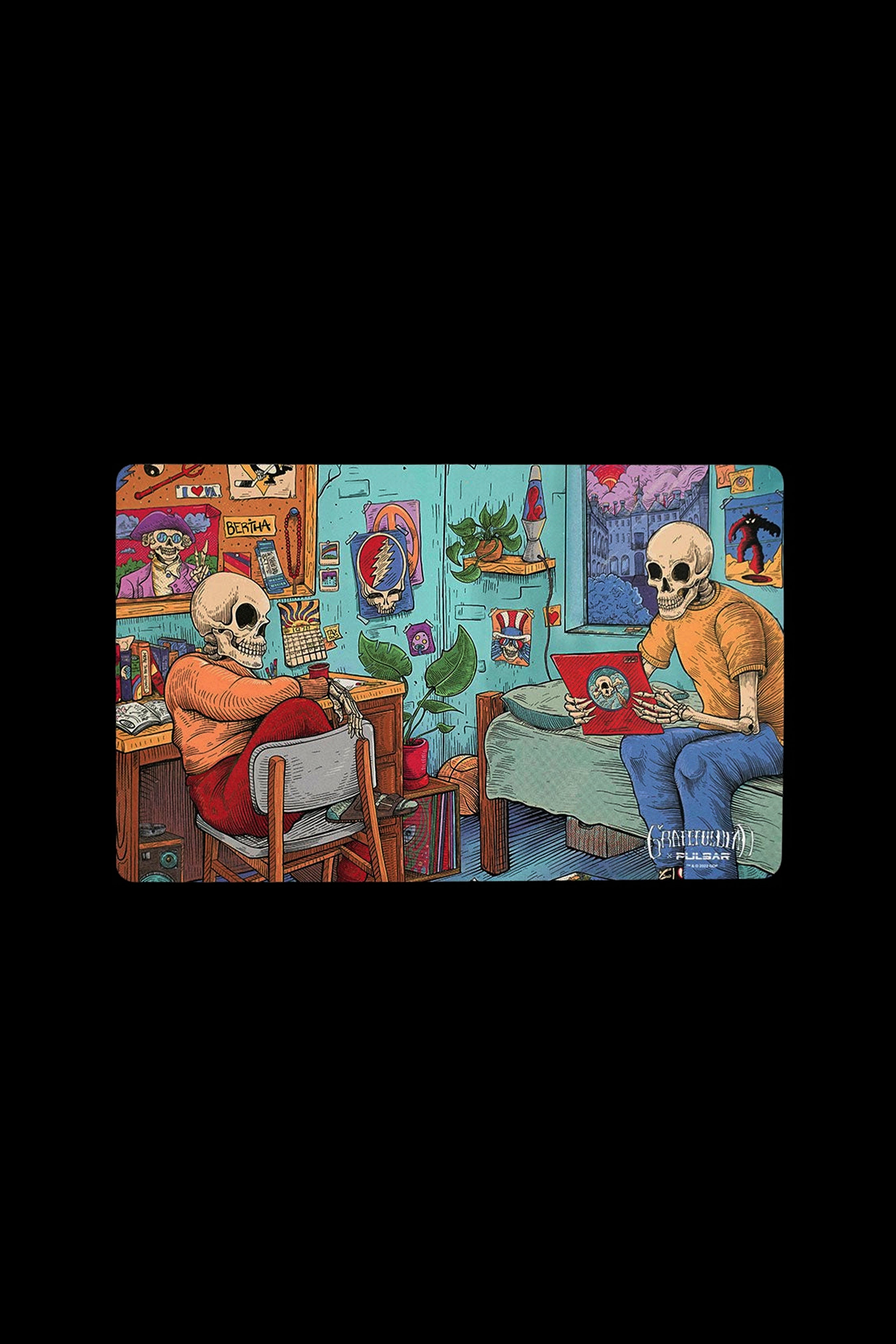 Illustration of two skeletons in a cluttered room, one operating a device and the other seemingly reviewing paperwork, surrounded by cannabis-related imagery and accessories.