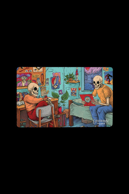 Illustration of two skeletons in a cluttered room, one operating a device and the other seemingly reviewing paperwork, surrounded by cannabis-related imagery and accessories.
