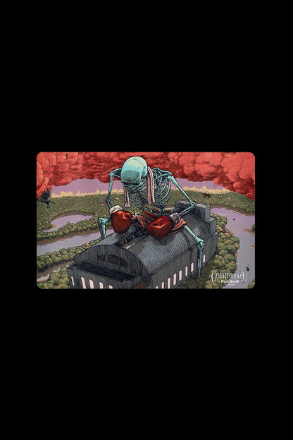 Retro-style illustration of a robotic skeleton seated on a large cannabis bud, overlooking a smoky landscape, with “GASOLIDIA” text at the bottom.