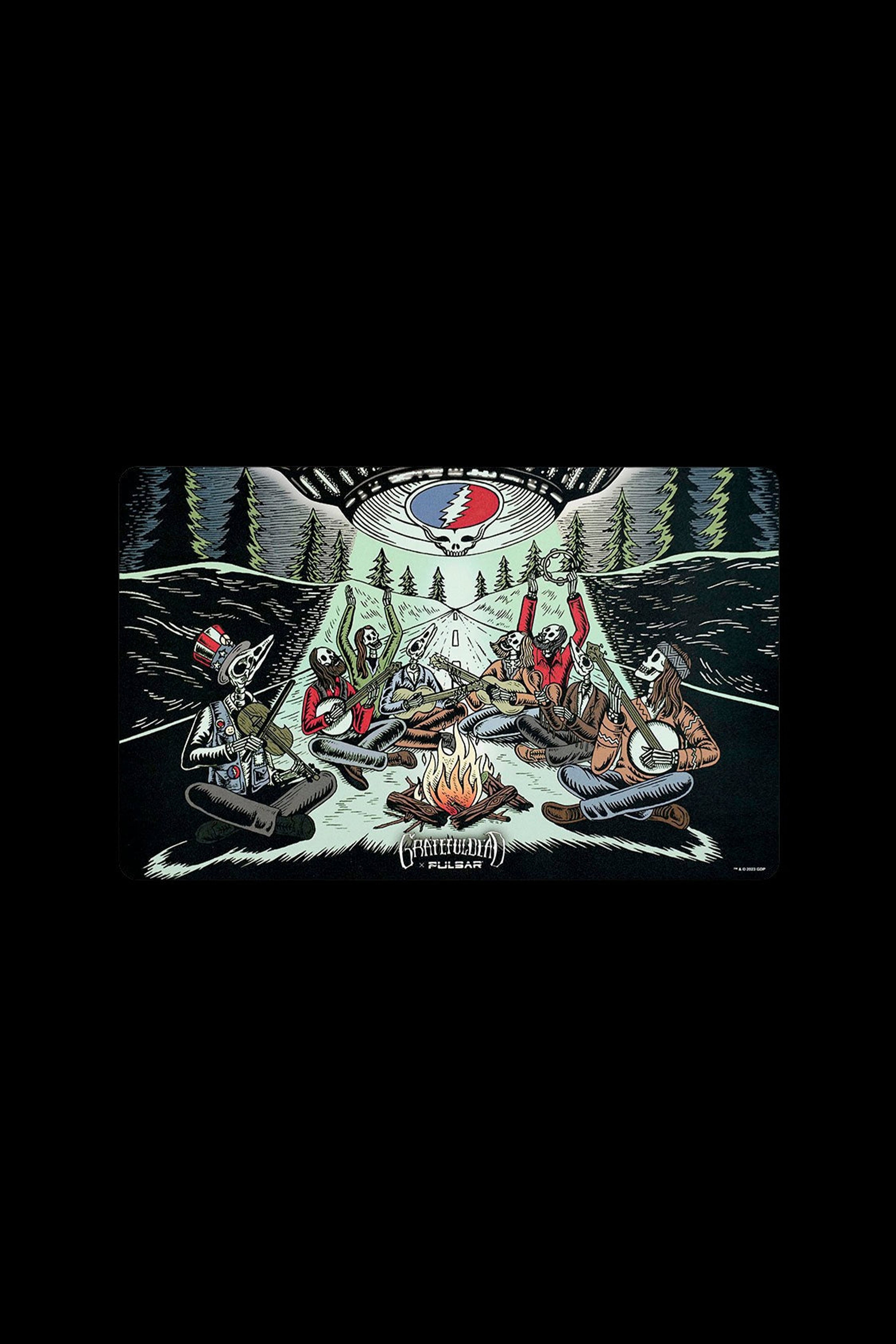 Vintage-style illustration of skeletons camping around a campfire in a forest, with the Grateful Dead’s Steal Your Face skull logo above, branded with “Grateful Dead x Pulsar.”