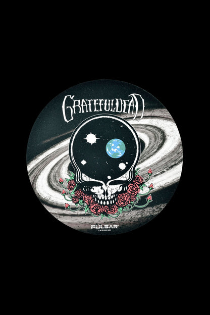 Grateful Dead-themed cannabis accessory featuring a skull and roses design with a swirling galaxy background.