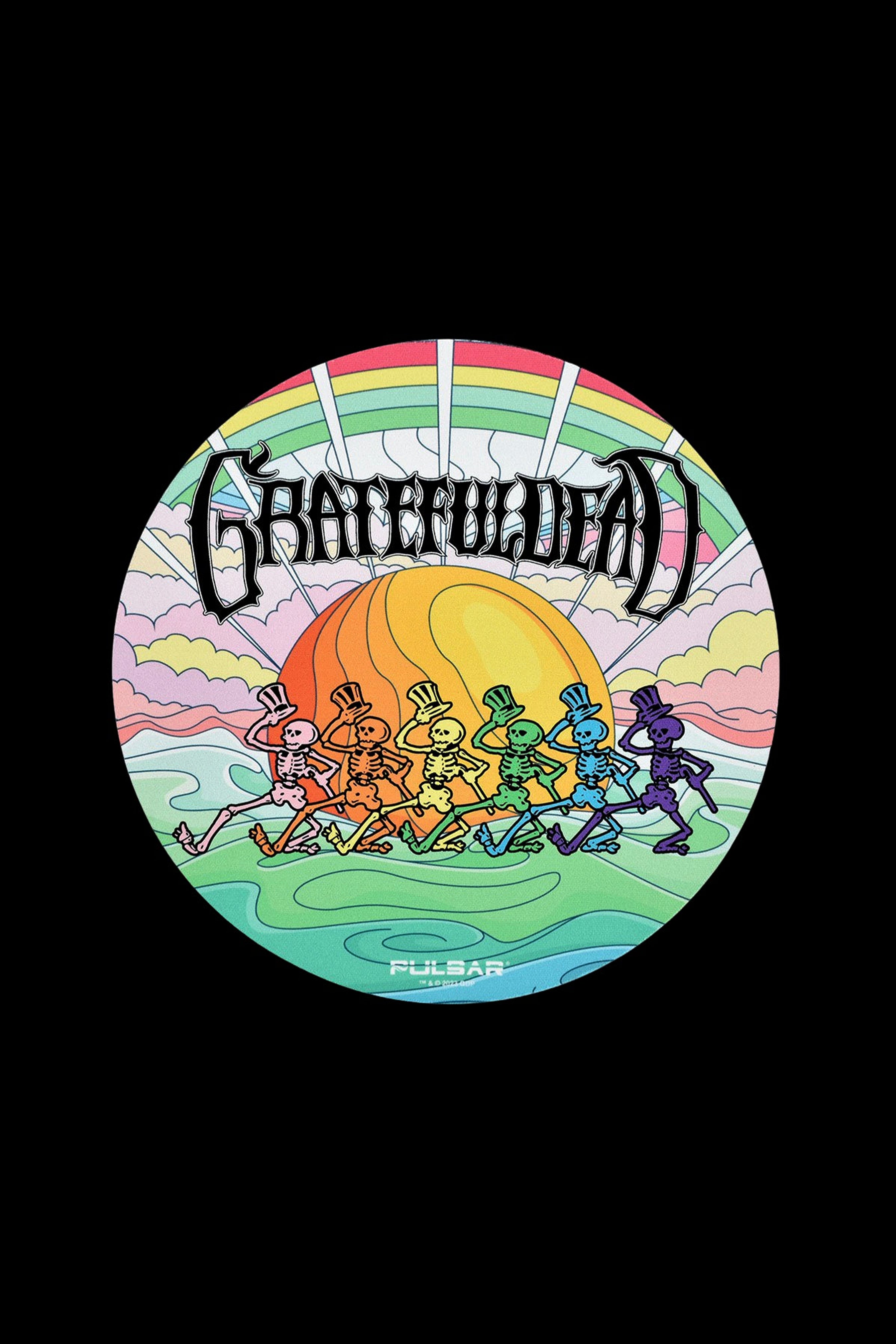 Grateful Dead skeleton dancing scene with a red sun, promoting “PulsaBar” cannabis accessories.