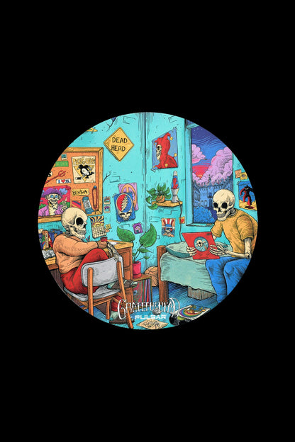 A circular illustration depicting a cluttered room with a skeleton lounging on a couch, surrounded by vintage posters, cannabis paraphernalia, and psychedelic decor.