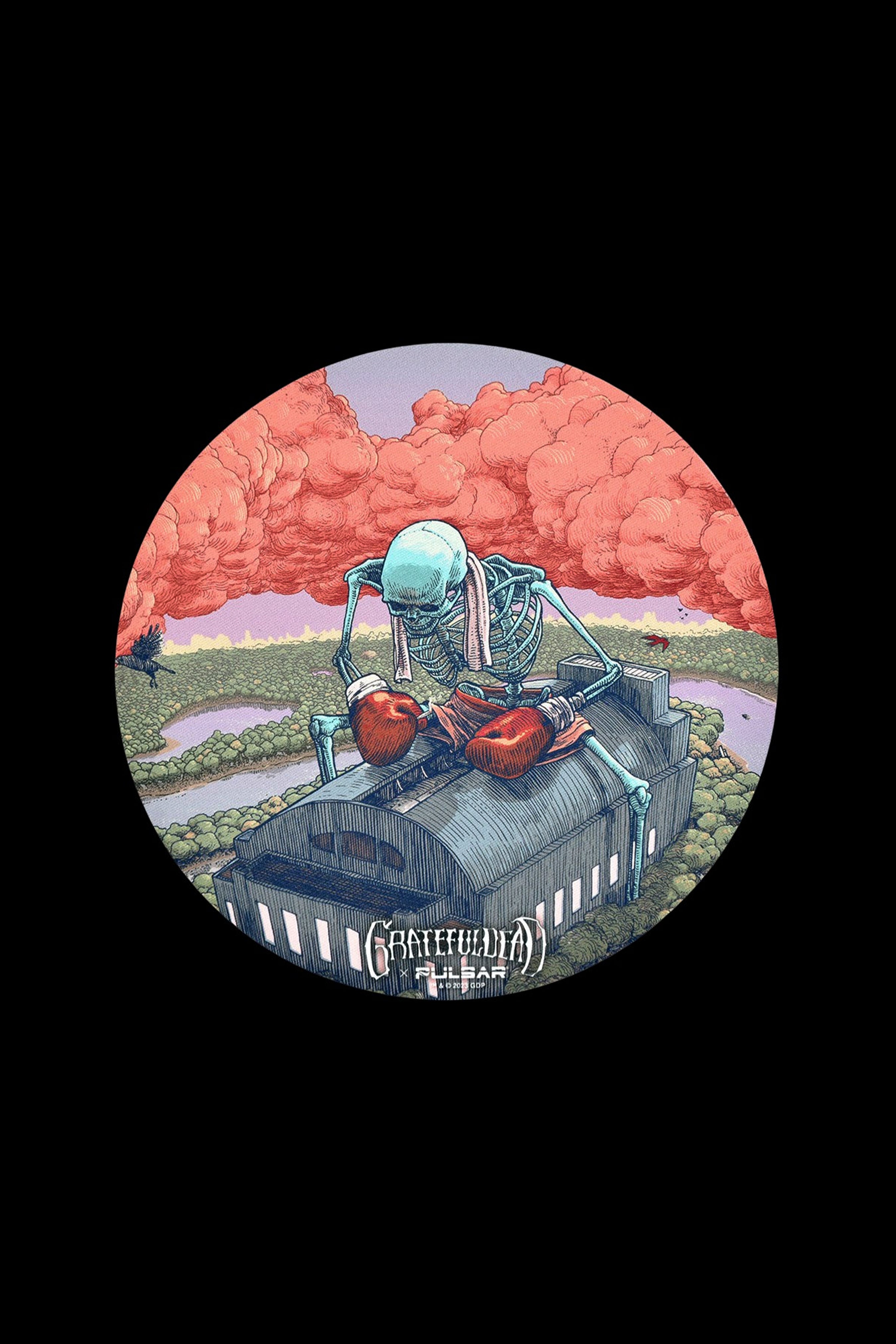 Vintage-style illustration of a robotic skeleton lounging on a ornate cannabis pipe with a vibrant, textured sunset background and “Gracefulia Pulsar” logo.