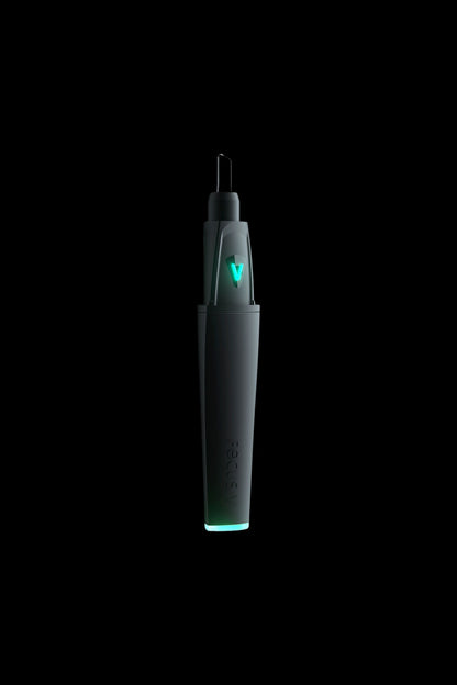 Sleek black cannabis vaporizer pen with glowing green accents.