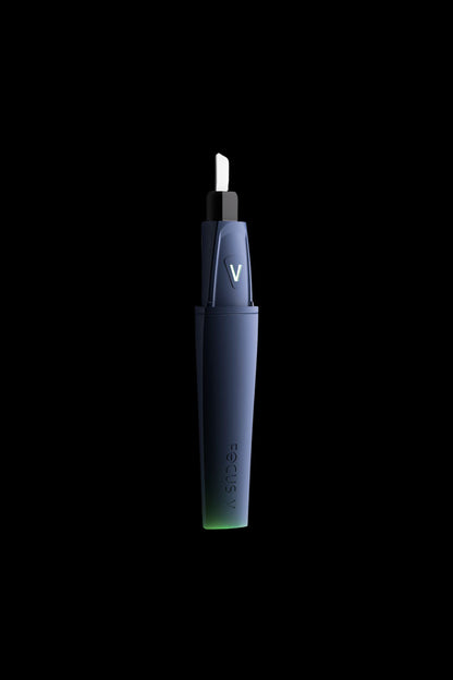 Sleek, dark blue and silver cannabis oil applicator pen with a white tip.