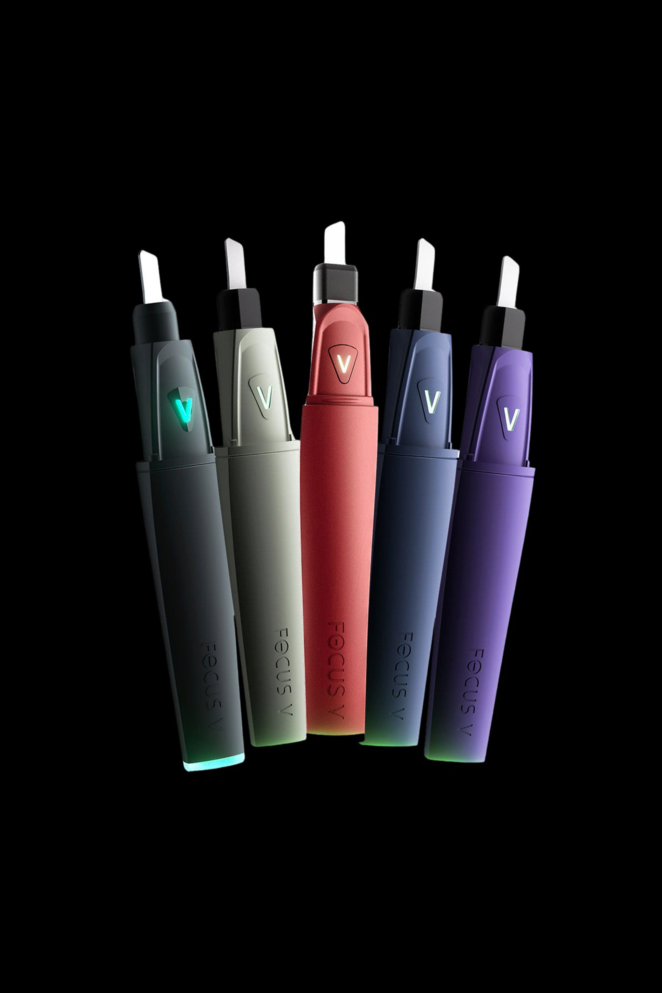 A lineup of sleek, pen-style cannabis vaporizers in shades of teal, red, black, and purple, branded with “FOCUS V”.