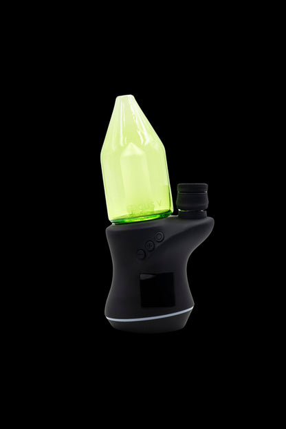 Electronic dab rig with illuminated green glass water pipe.