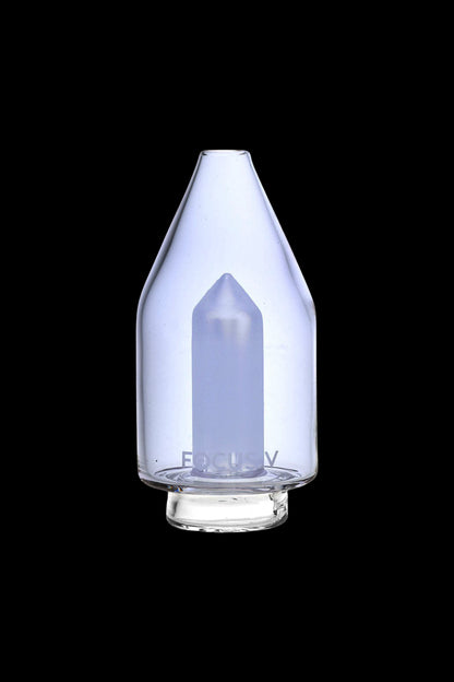 Clear glass water pipe with a blue crystal-shaped insert, isolated on a black background.