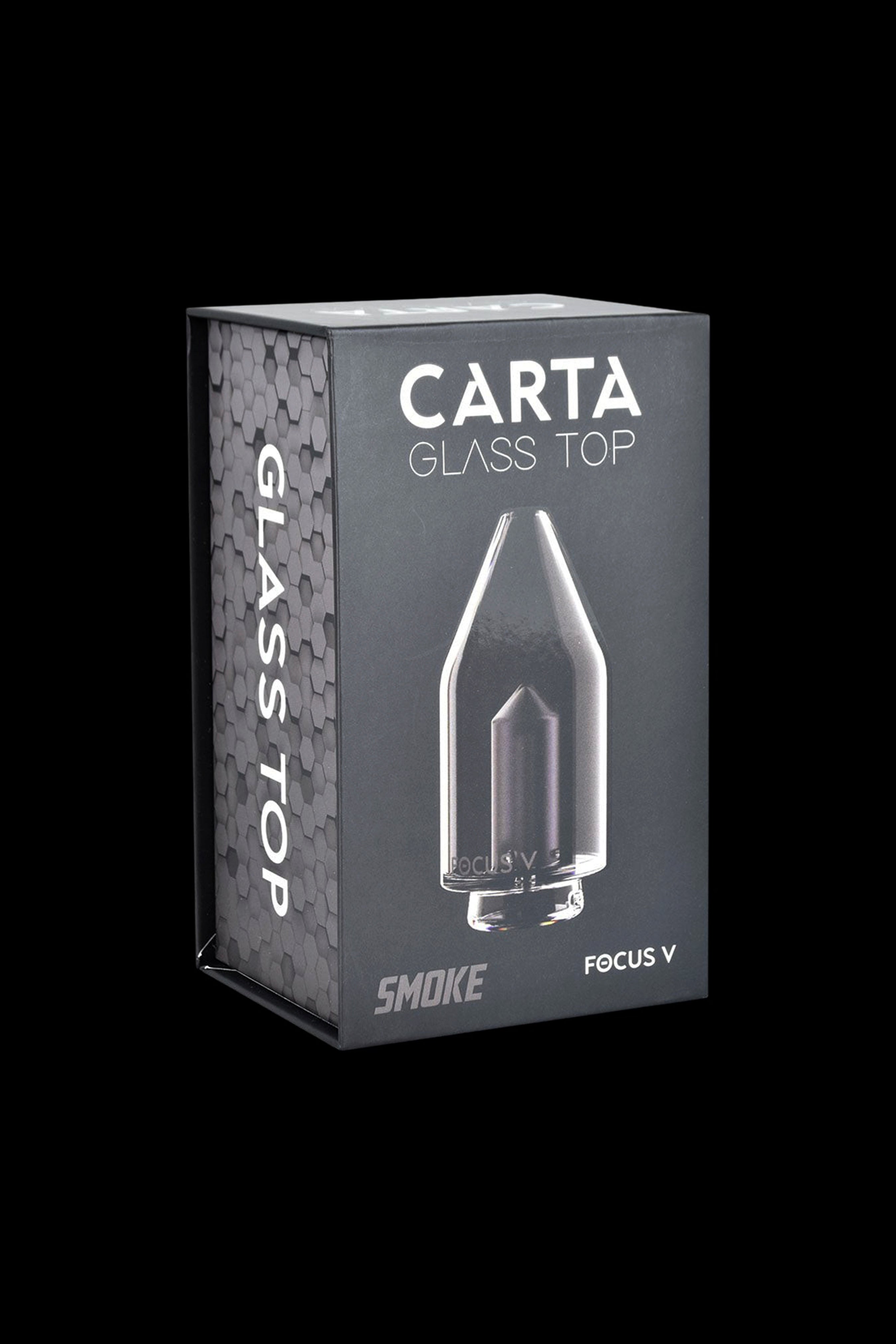 Product packaging for a “Carta” glass top for a cannabis vaporizer, featuring a clear glass piece illustration.