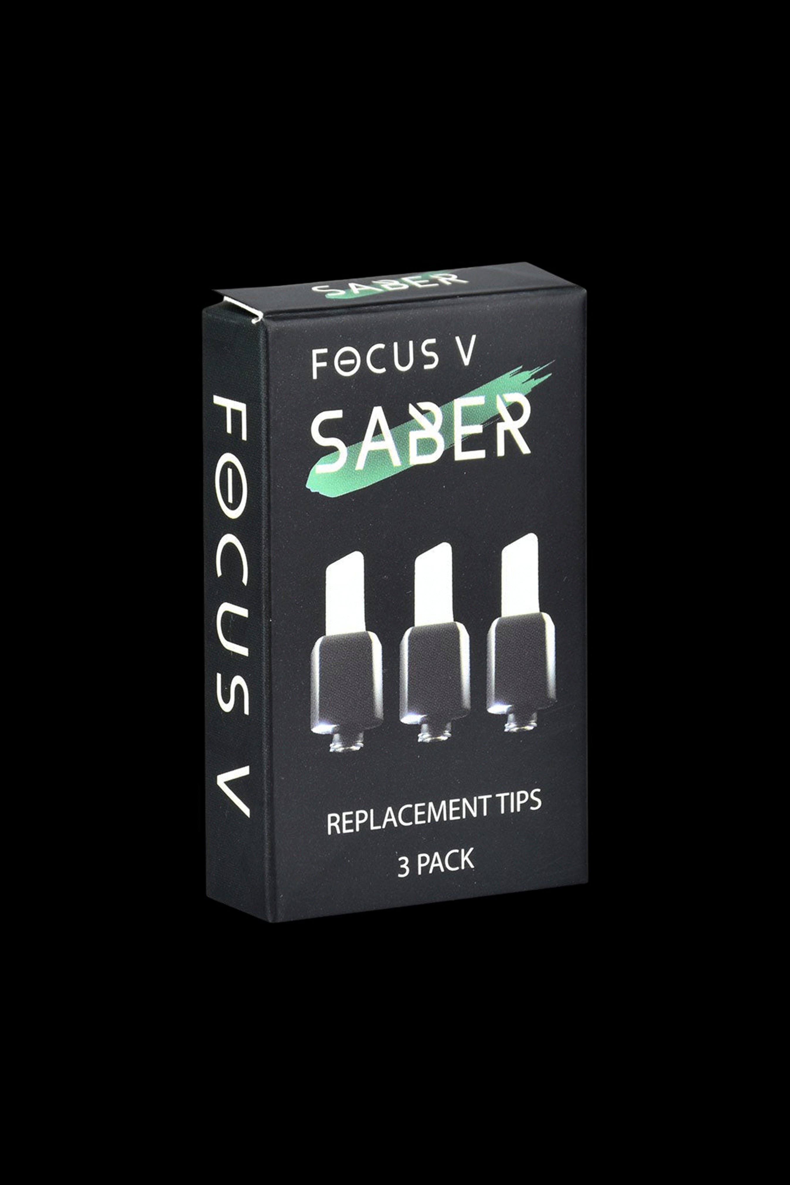 Focus V Saber replacement tips in a black 3-pack box.
