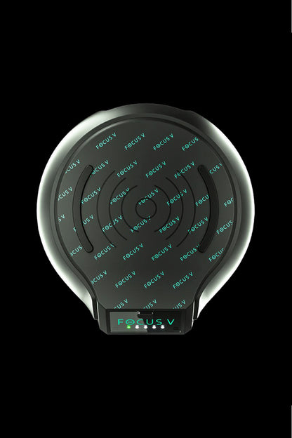 Black Focus V vaporizer pen with repeating green “Focus V” text around the body.