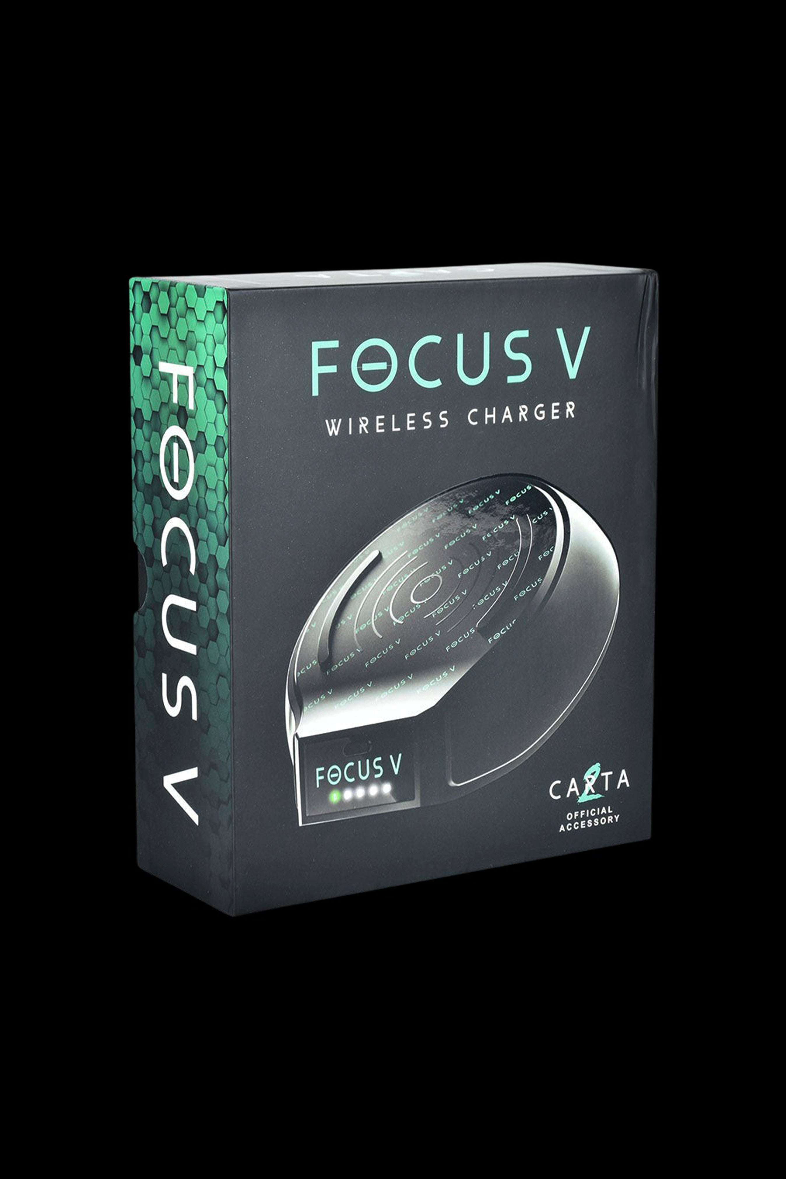 Black box for a “Focus V” cannabis concentrate wireless charger, featuring green branding and the “Carta” official accessory logo.