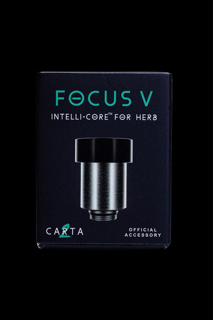 Close-up of a black Carta official accessory, the Focus V Intelli-Core for herb, against a black background.