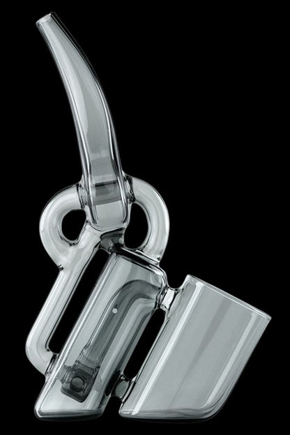 Clear glass rig for vaporizing concentrates, with a bubbler and angled mouthpiece.