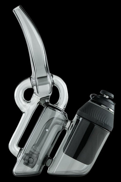 Clear glass water pipe (rig) with a black water reservoir, designed for cannabis concentrates.