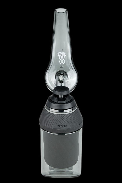 Black Puffco Peak Pro portable dab rig with glass water pipe attachment.