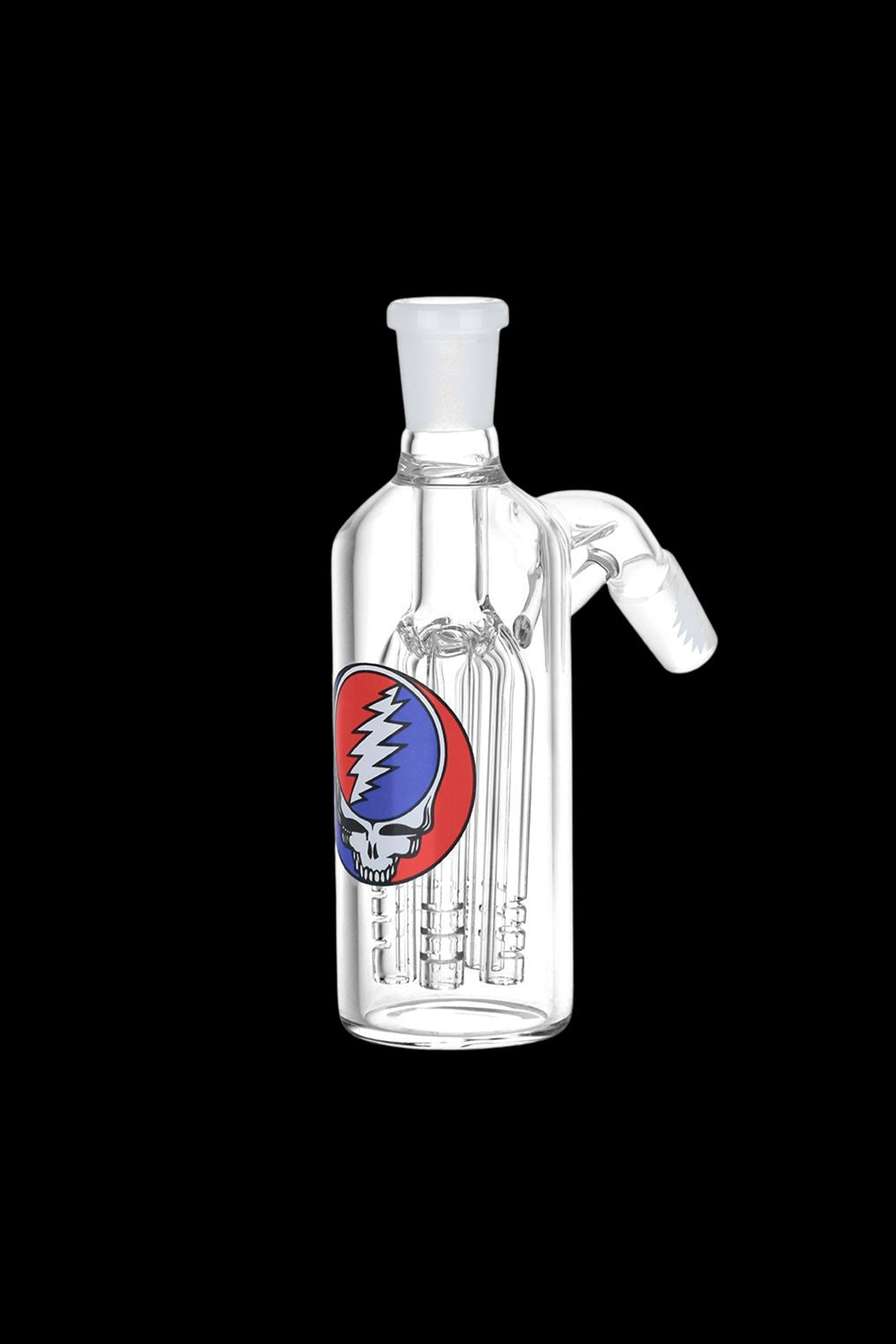 Glass water pipe with Grateful Dead Stealie Skull decal.