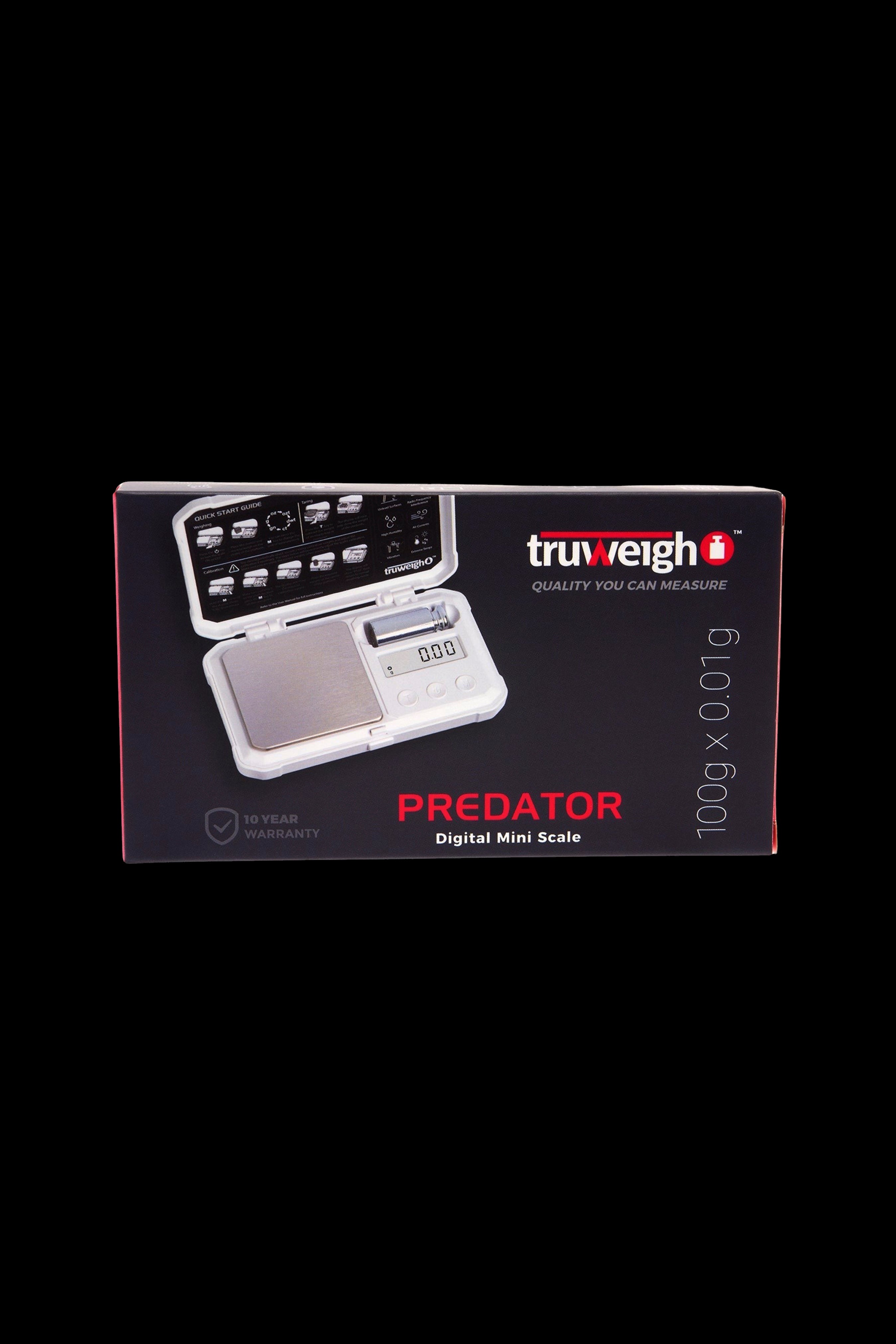 Truweigh Predator digital mini scale for precise cannabis measurement, with a 10-year warranty and 1000g x 0.01g capacity.