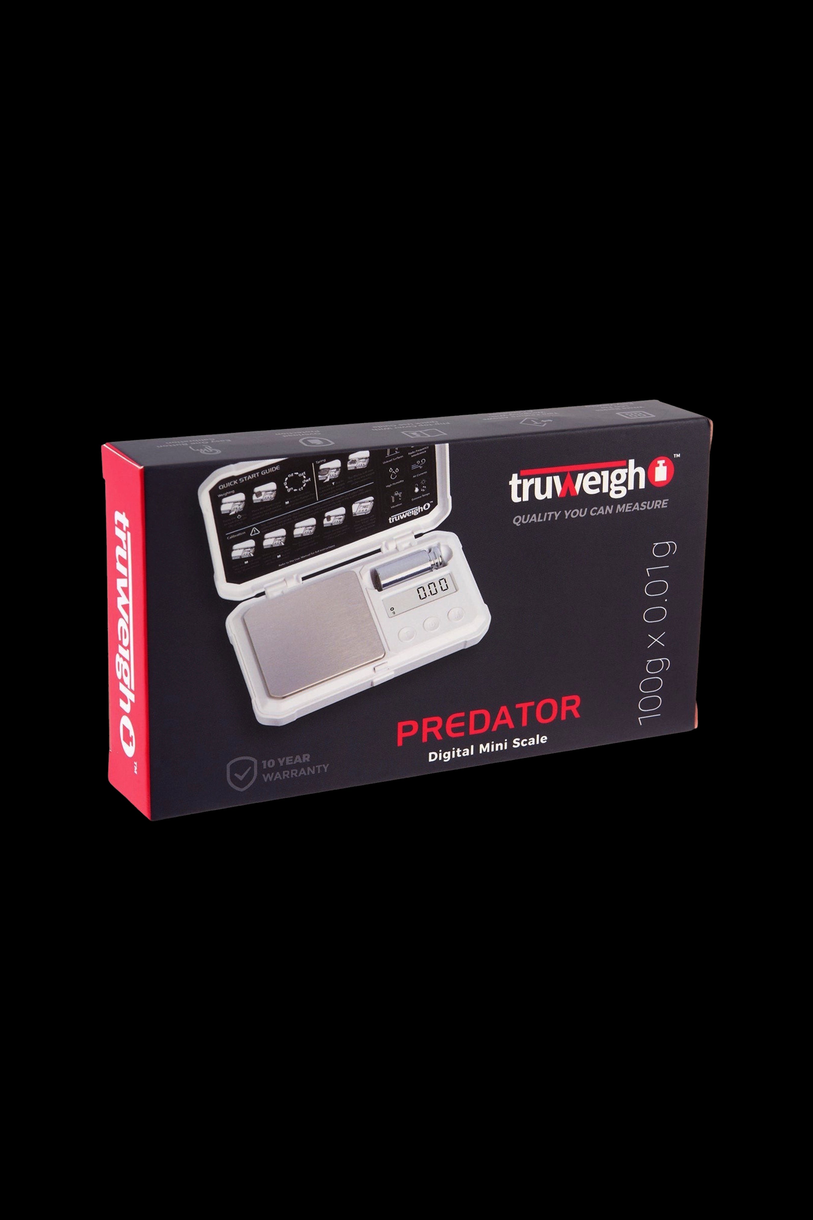Truweigh Predator digital mini scale for precise cannabis measurement, with 100g x 0.01g capacity.