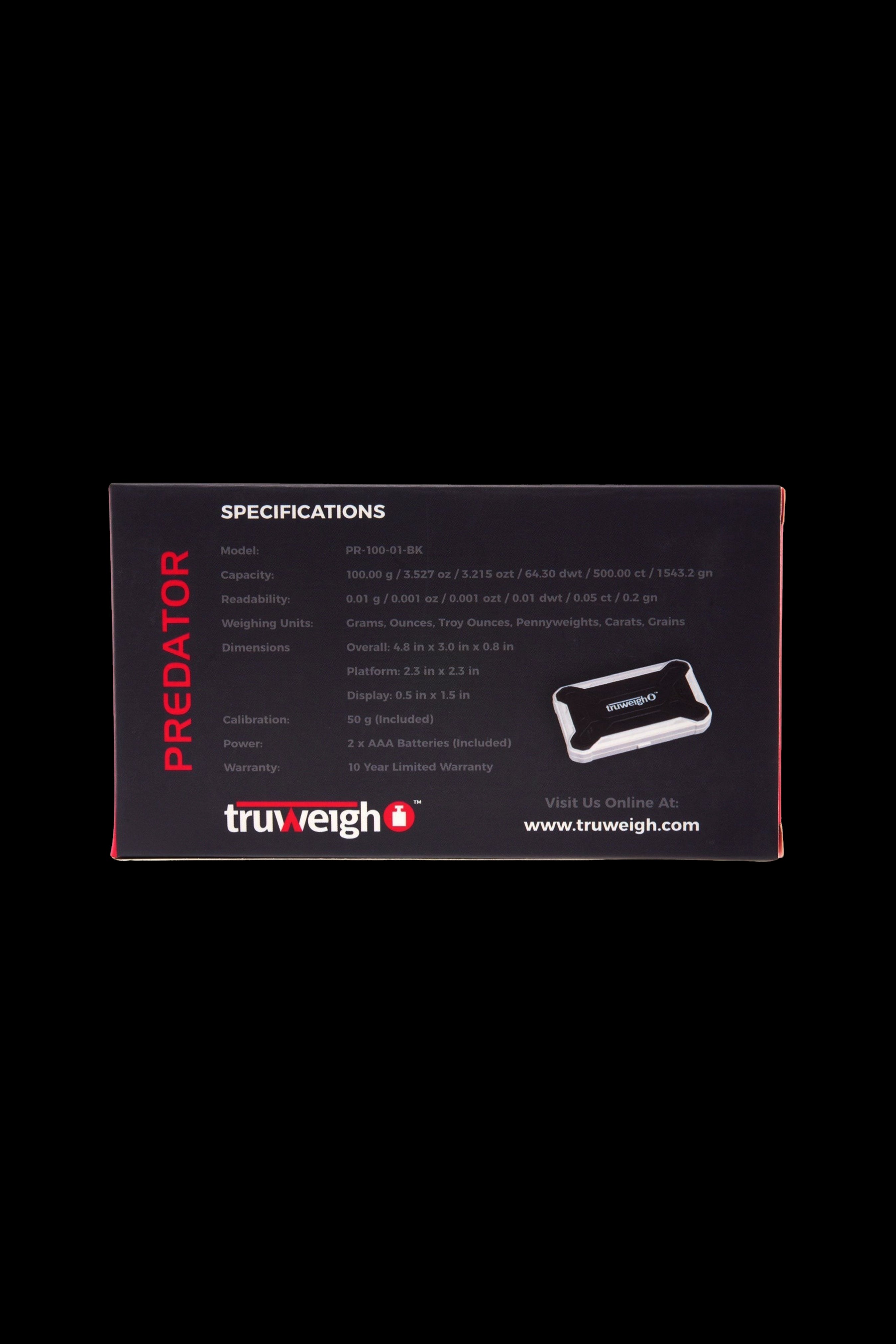 Close-up of a black Truweigh Predator scale's specifications card, listing capacity, readability, dimensions, calibration, and warranty details, alongside a product image of the scale itself.