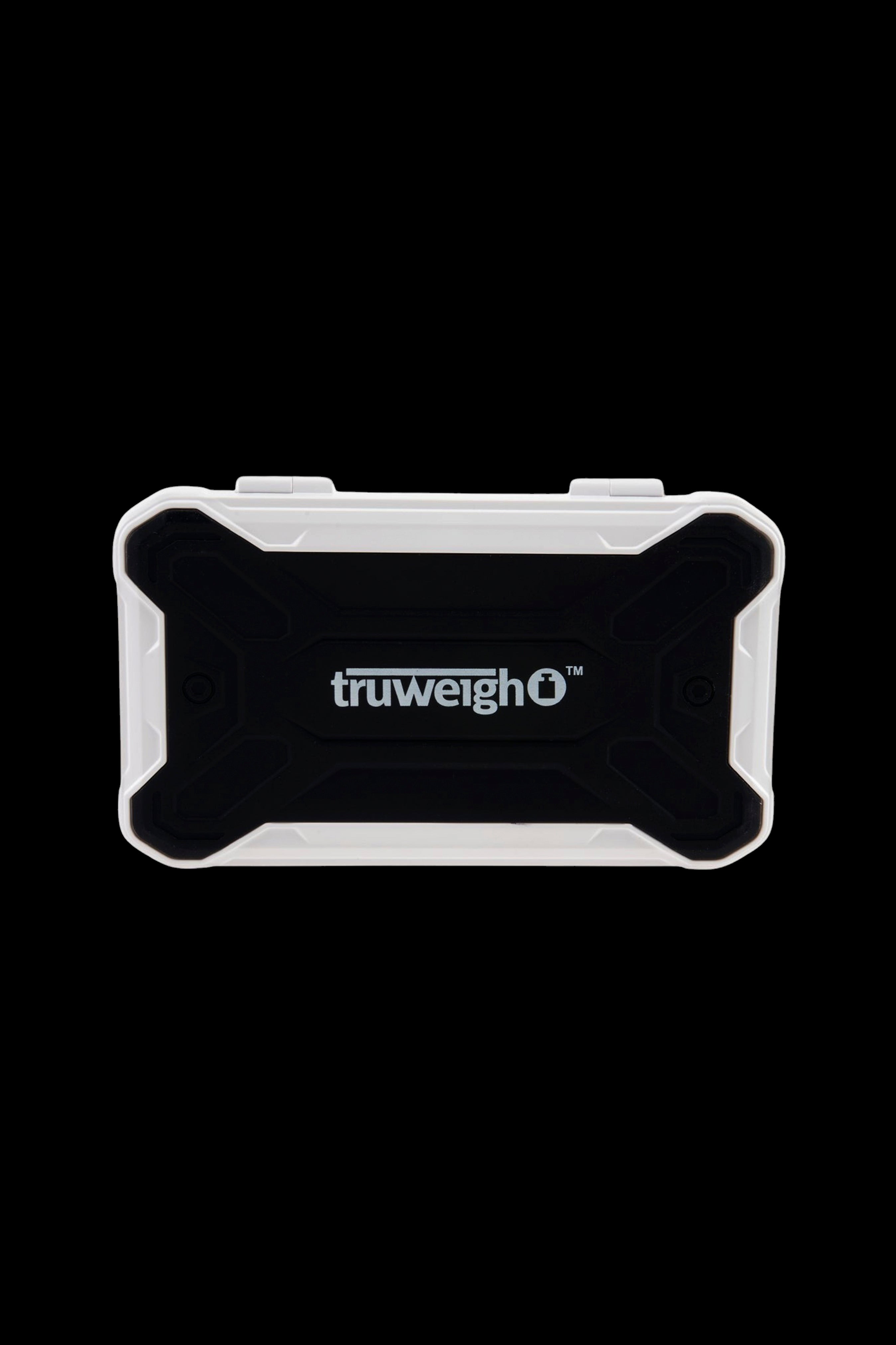 Clear storage container with "truweigh" logo.