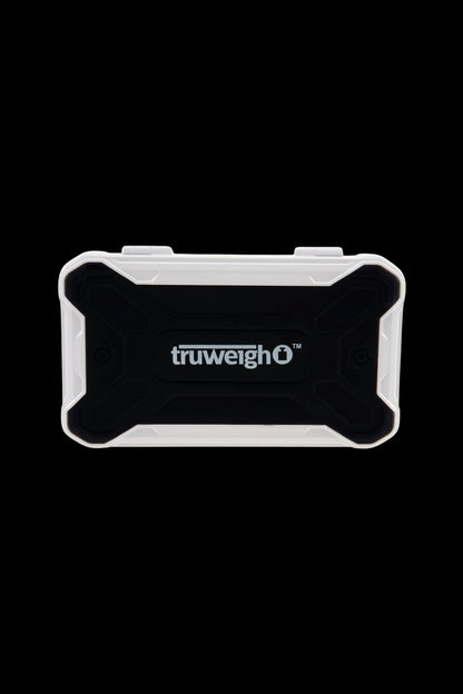 Clear storage container with "truweigh" logo.