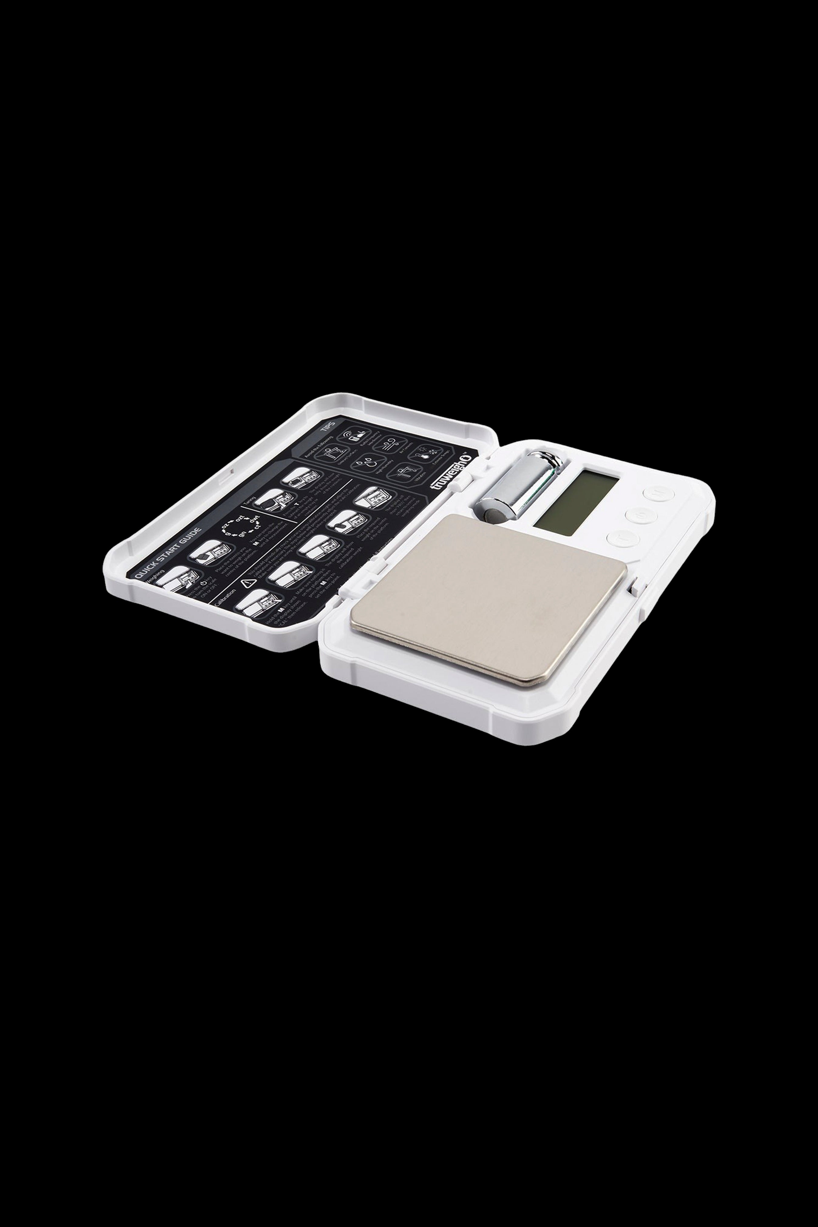Digital scale with open lid, commonly used for measuring cannabis.