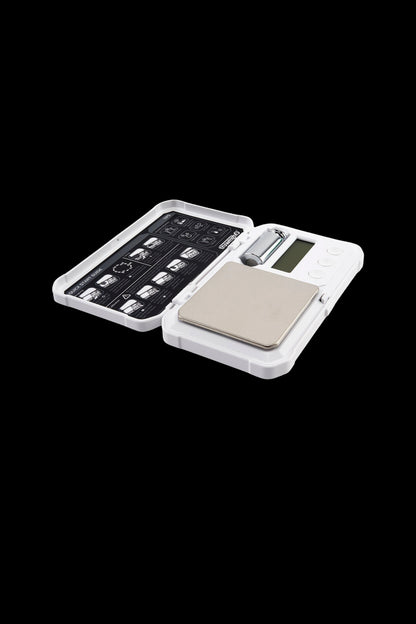 Digital scale with open lid, commonly used for measuring cannabis.