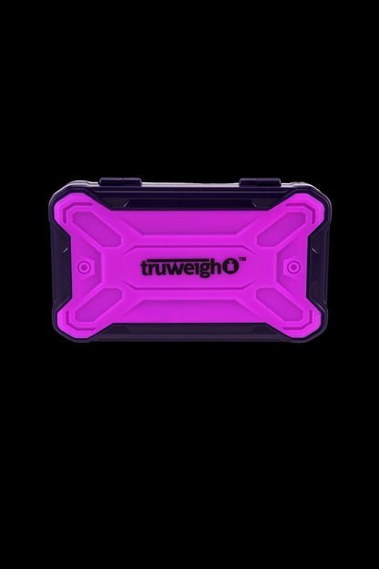 Bright pink, rugged cannabis storage box with "truweigh" logo.