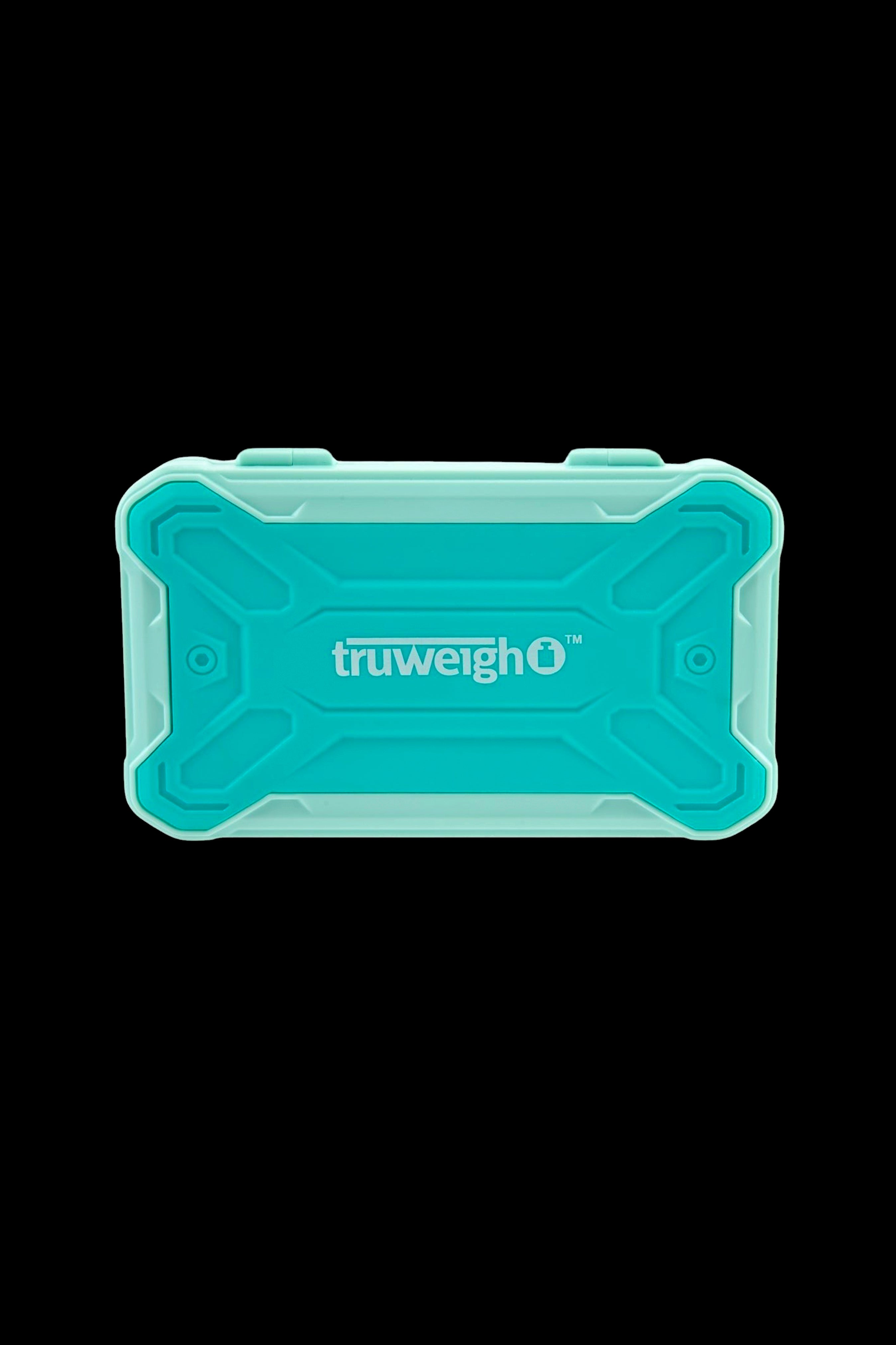 Turquoise cannabis storage container with "truweigh" logo.