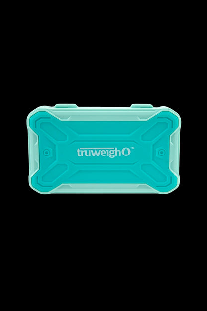 Turquoise cannabis storage container with "truweigh" logo.