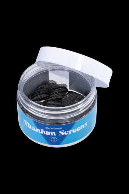 Jar of Snowtree Titanium Screens for cannabis use.
