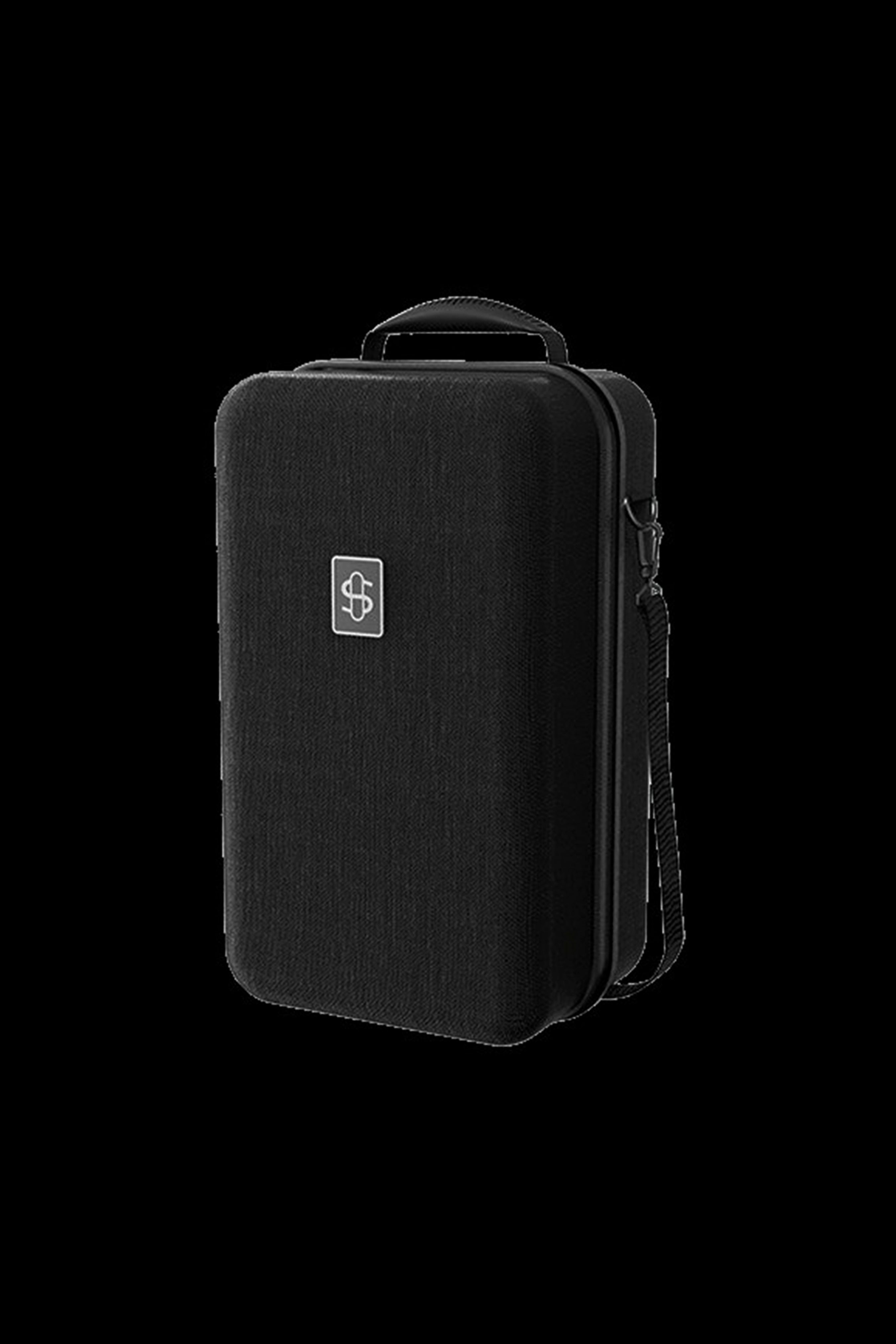 Black cannabis accessories case with a branded logo and shoulder strap.