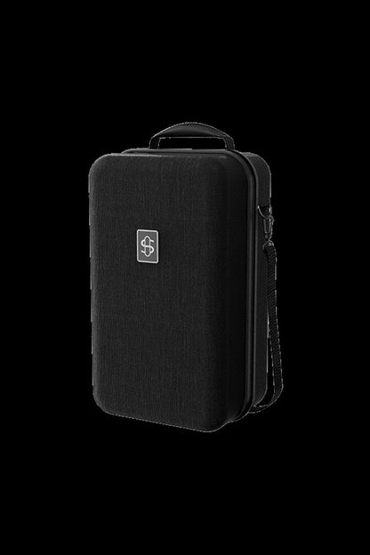 Black cannabis accessories case with a branded logo and shoulder strap.