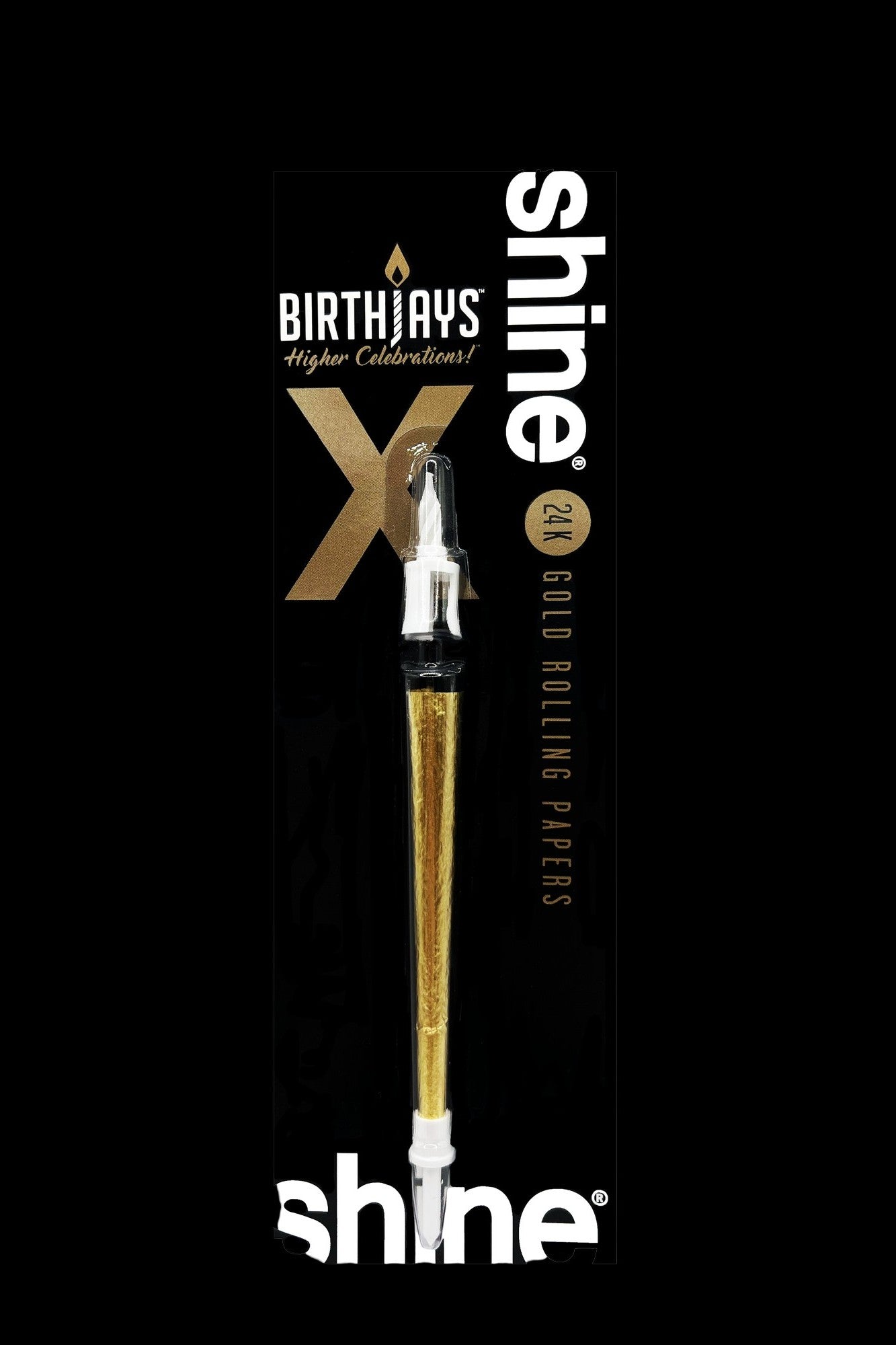 Gold rolling papers in a tube with “Shine” and “Birthdays” branding.