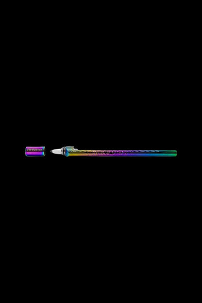 Iridescent glass cannabis oil burner pipe against a black background.
