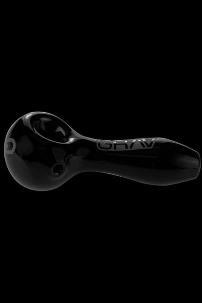 Black glass smoking pipe with "GRAV" logo.