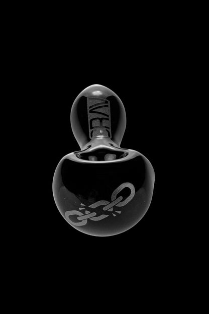 Black glass cannabis oil rig with branding.