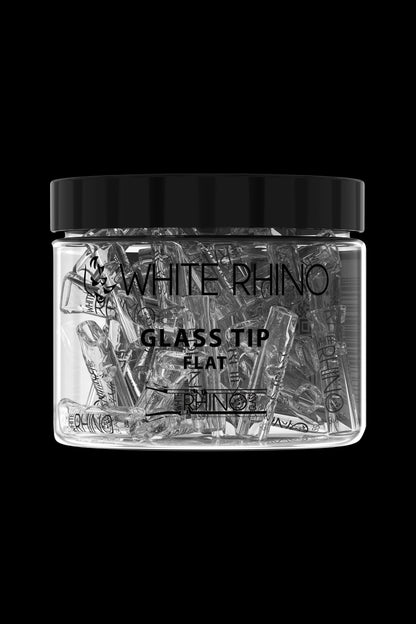 Clear jar filled with White Rhino brand glass smoking tips against a black background.