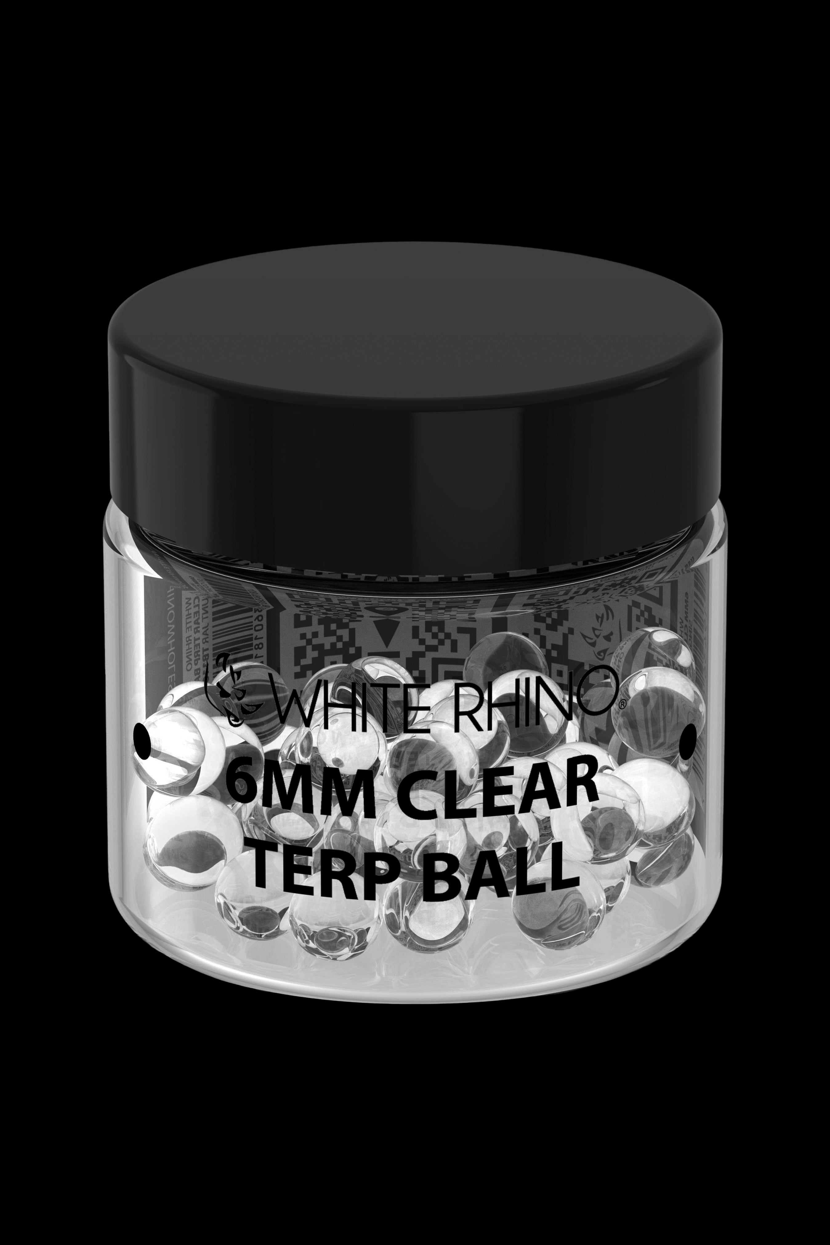Clear glass terp pearls in a black jar labeled “White Rhino 6mm Clear Terp Ball”.