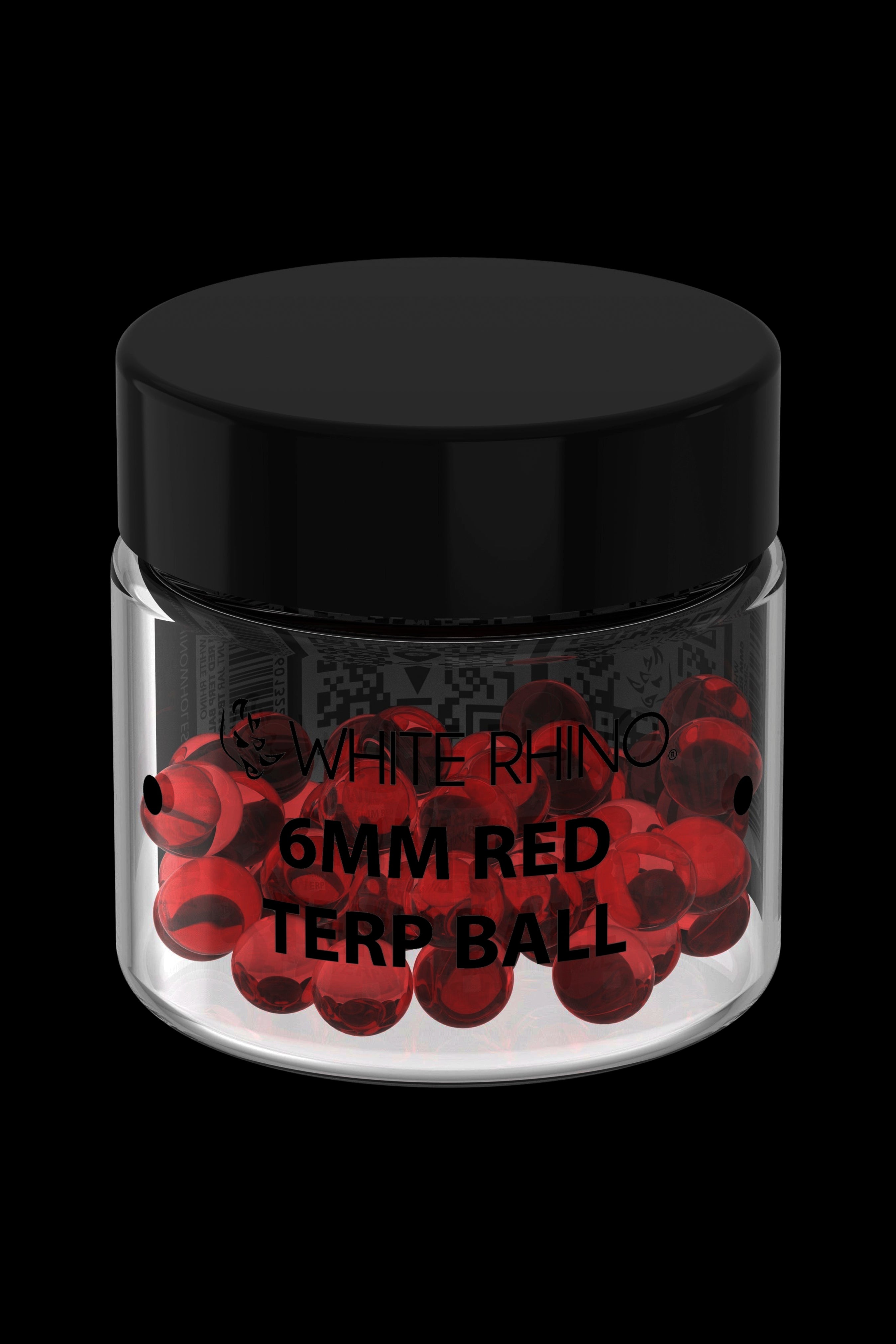 Glass jar filled with red terp balls labeled "White Rhino 6MM Red Terp Ball."