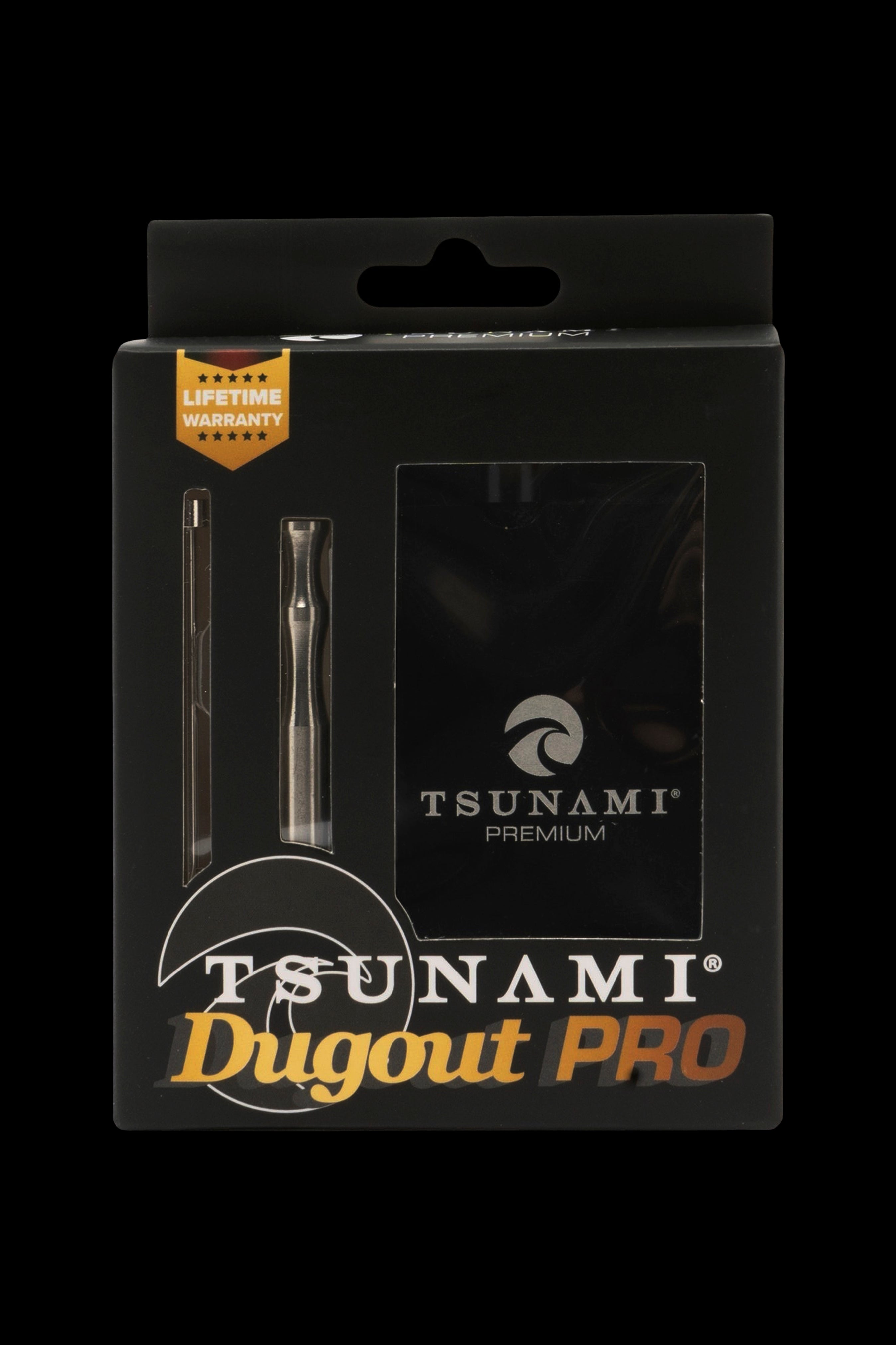 Black packaging for Tsunami Premium Dugout PRO cannabis accessory with lifetime warranty seal.