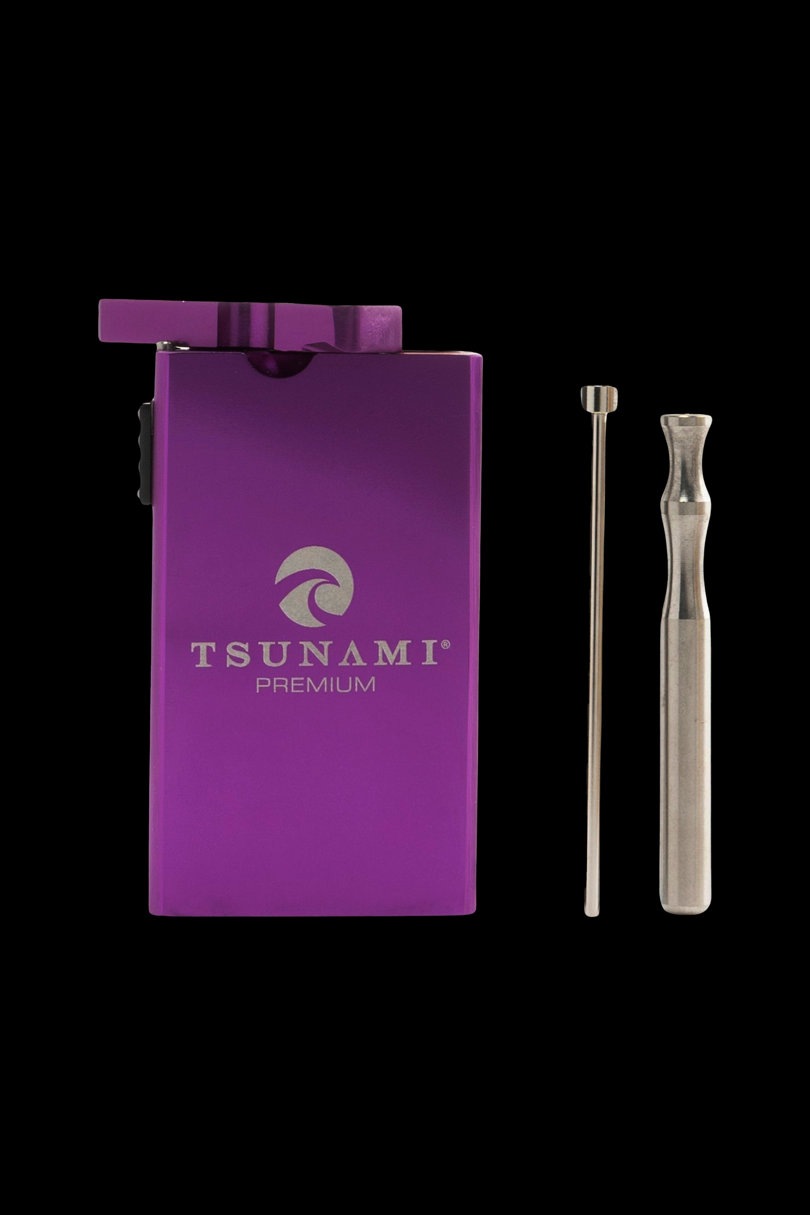 Purple Tsunami Premium vape cartridge case and oil applicator tool on a black background.