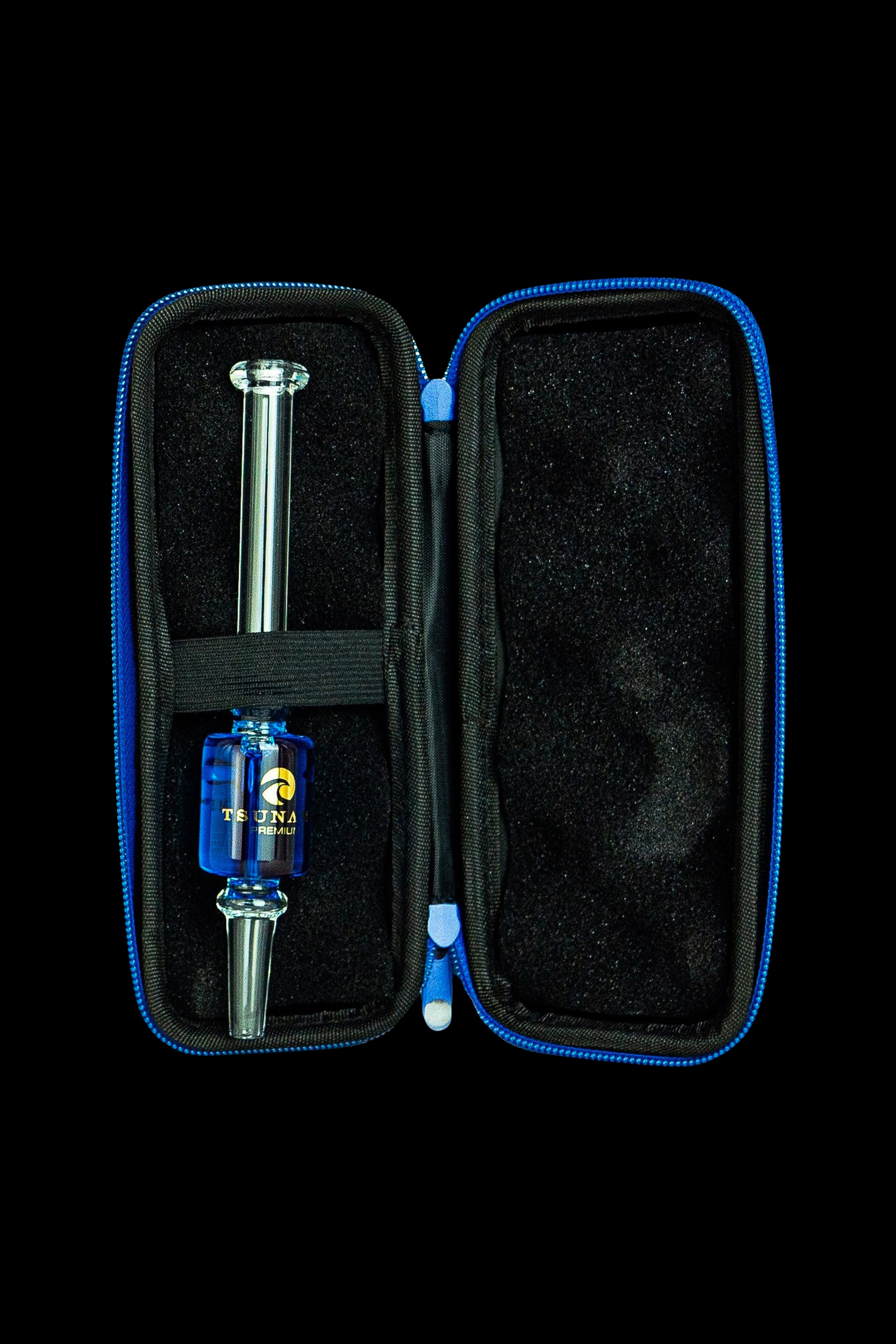 Blue and black carrying case open to reveal a glass oil rig with a clear glass mouthpiece and blue accents.