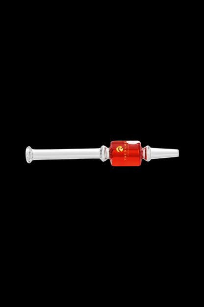 Glass cannabis oil burner pipe with red central chamber and textured grip.
