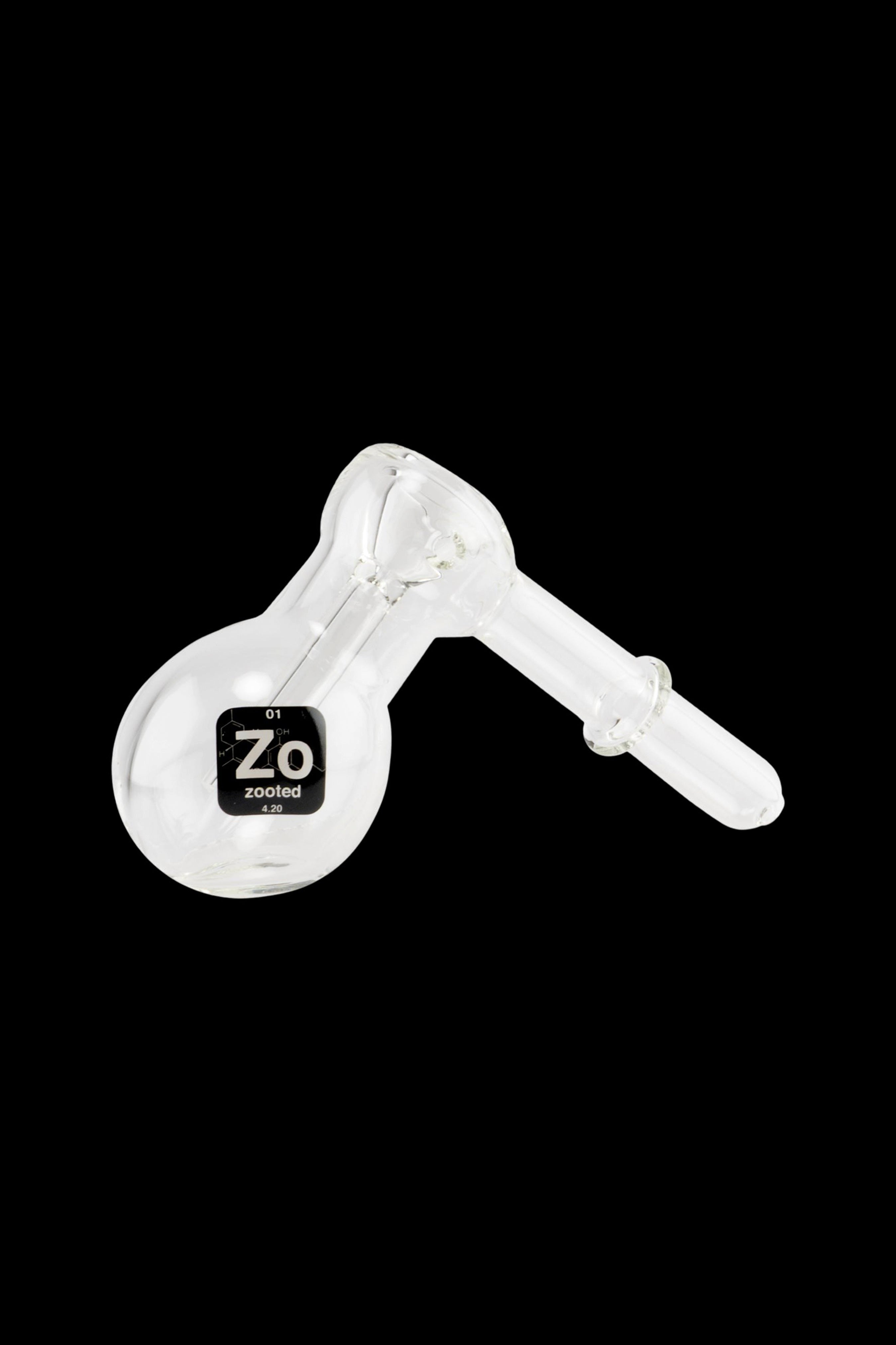 White glass bubbler pipe with "Zo" branding.