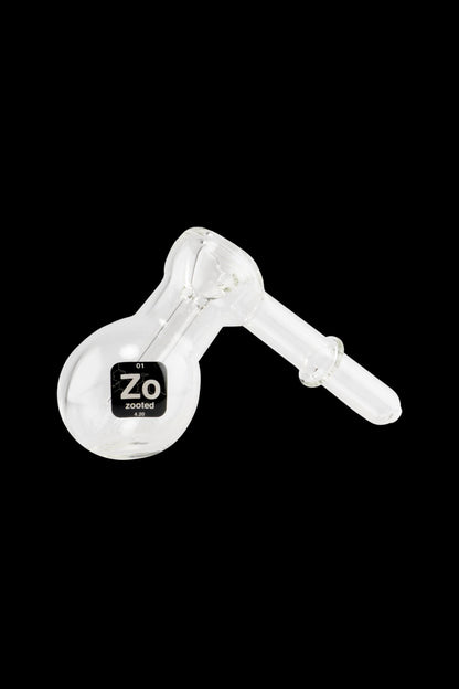 White glass bubbler pipe with "Zo" branding.