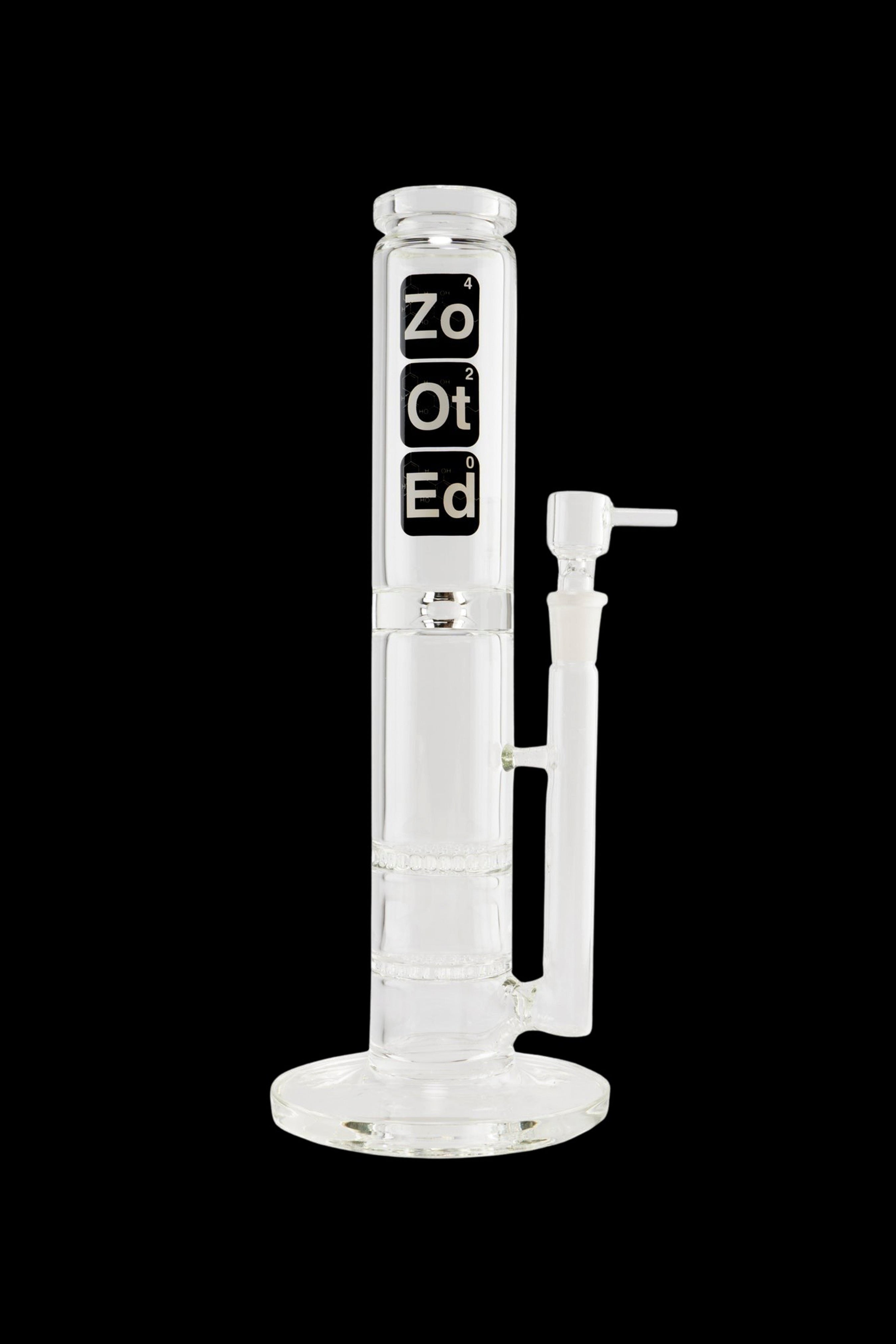 Clear glass water pipe (bong) with “ZoOt” branding and ice pinch.