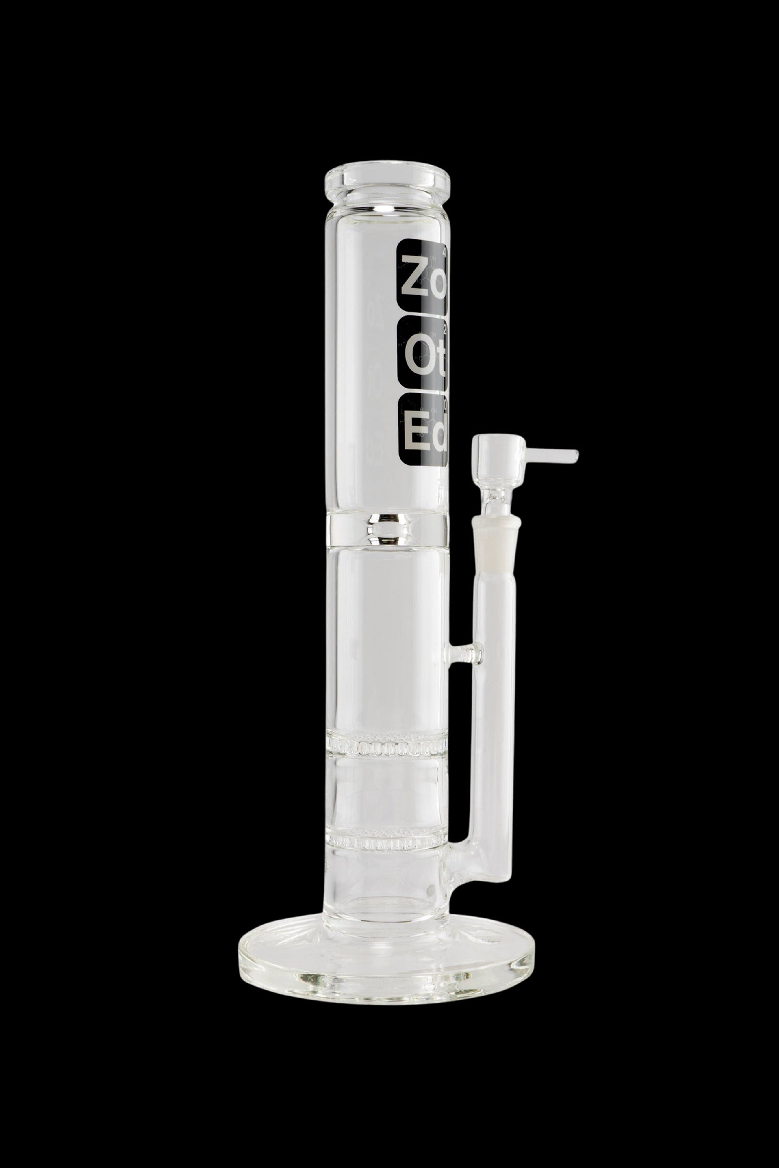 Clear glass bong with ice catcher and branded lettering, isolated on a black background.